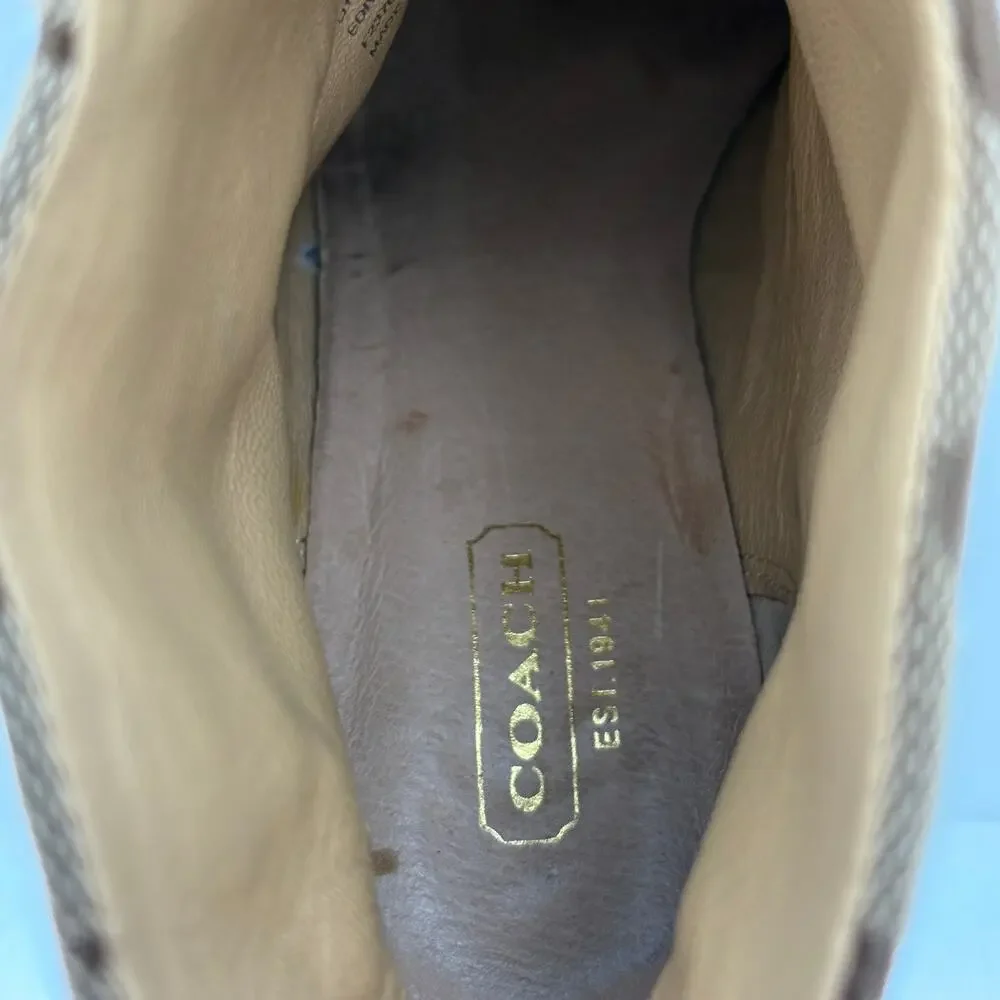 Coach F2370 Ediva Monogram Lace Up Block Heel Booties Brown Leather Size 9